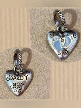 🆕Listing! Brighton Baby Boy charm Silver heart w light blue footprints Retired